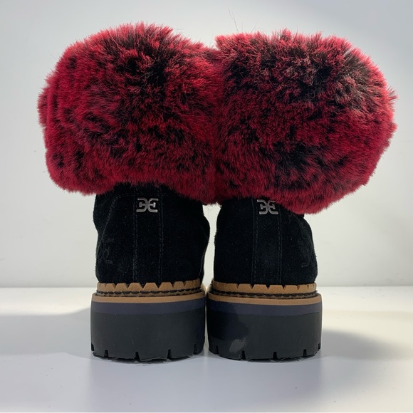 Sam Edelman Women's Bowen Black Leather Raspberry Wine Faux Fur Boots Size 7.5 - Picture 6 of 13